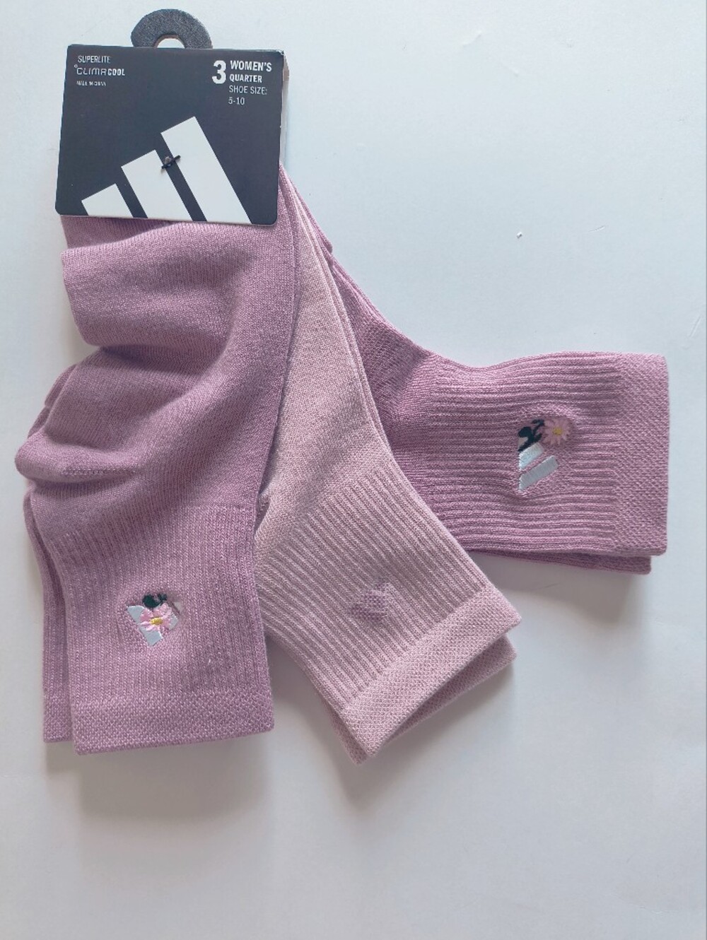 Adidas 3-pack Floral Quarter socks size M 5-10 Purple